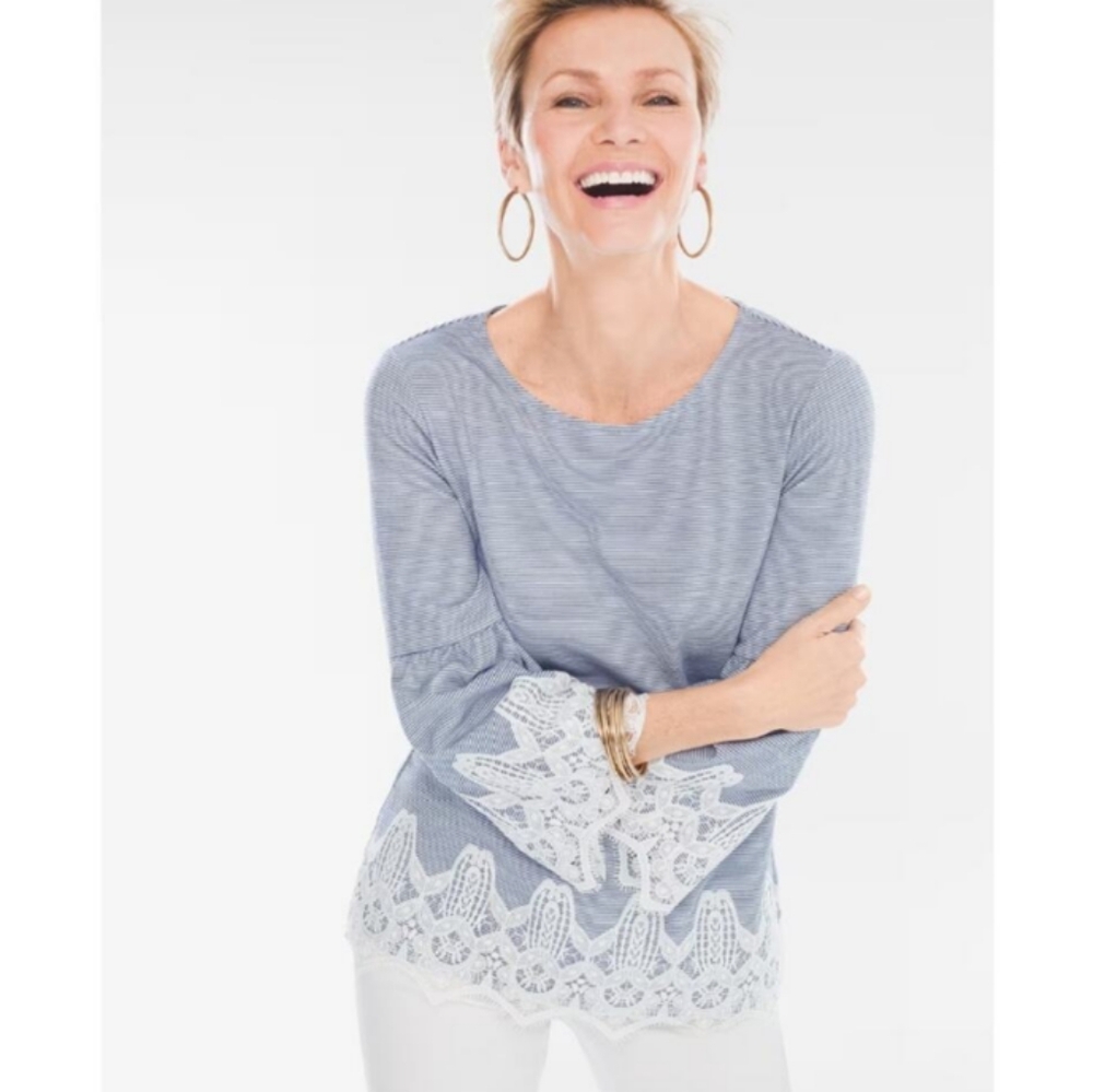 ⚡Last Chance ⚡Chicos French Striped Lace-Detail Top Women Blue White Relaxed